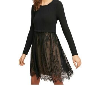 Women's Black Long Sleeve Lace Skater Dress